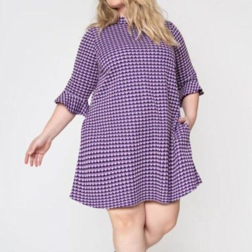 Leota Connie Dress Purple 1X 3/4 Ruffle Sleeve Artsy Retro Mod